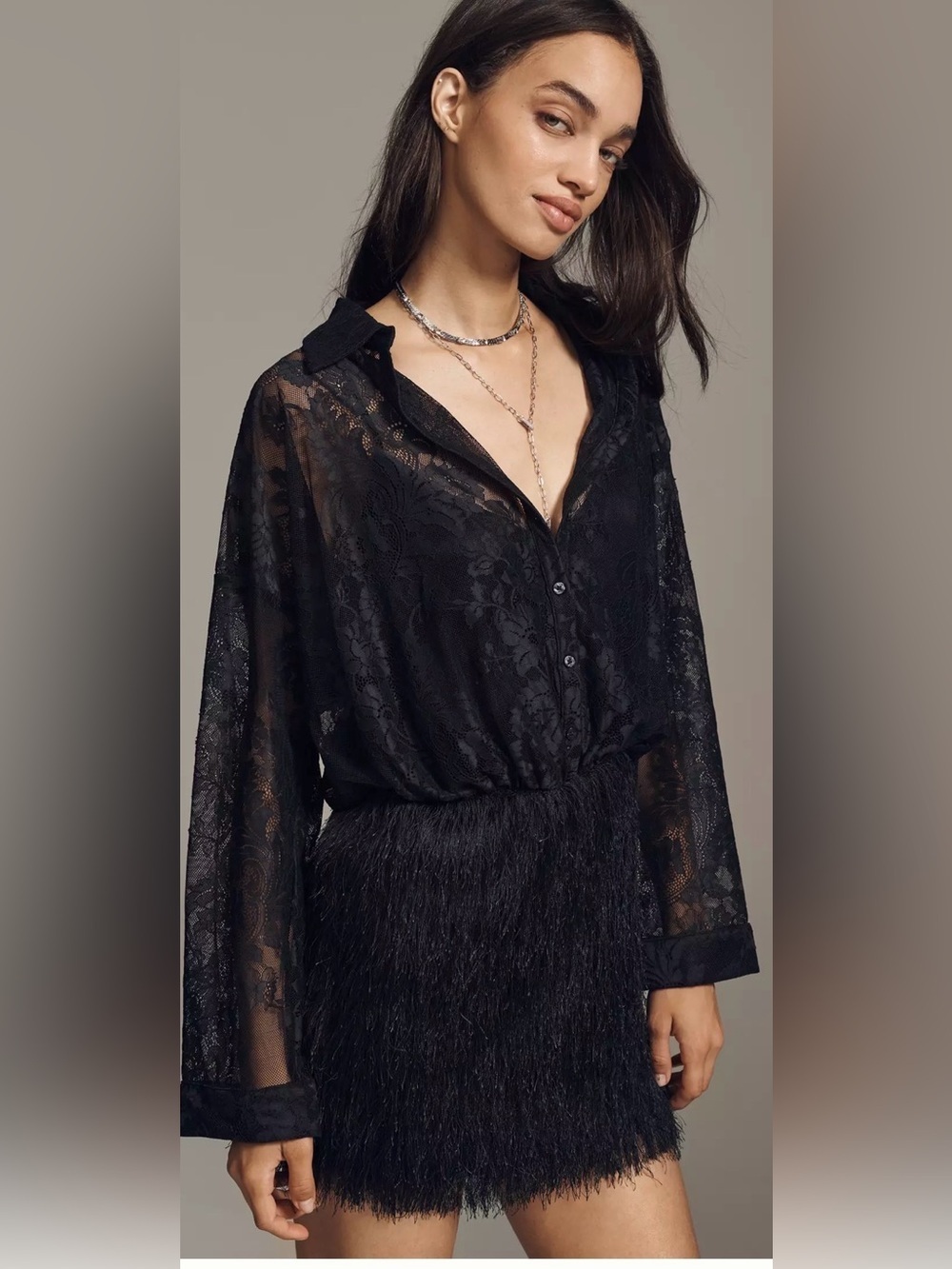 Maeve Fringe two-fer Mini Black Sheer Lace dress nwt Anthropologie XS